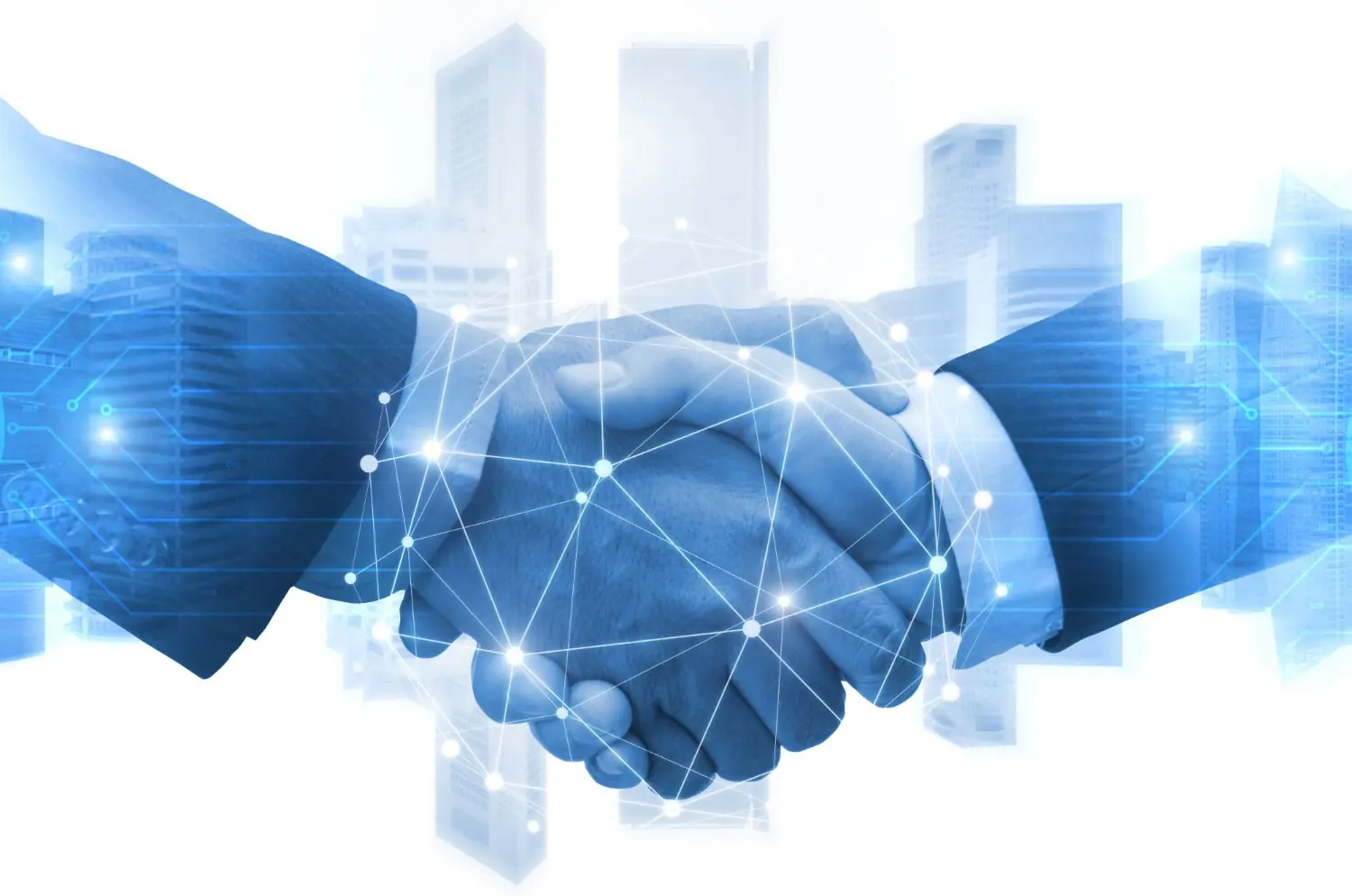 partnership business man shaking hands with effect digital network link connection graphic diagram digital global technology with cityscape background 6193324f44683