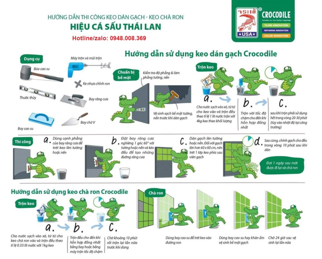 hướng dẫn sử dụng keo dán gạch cá sấu