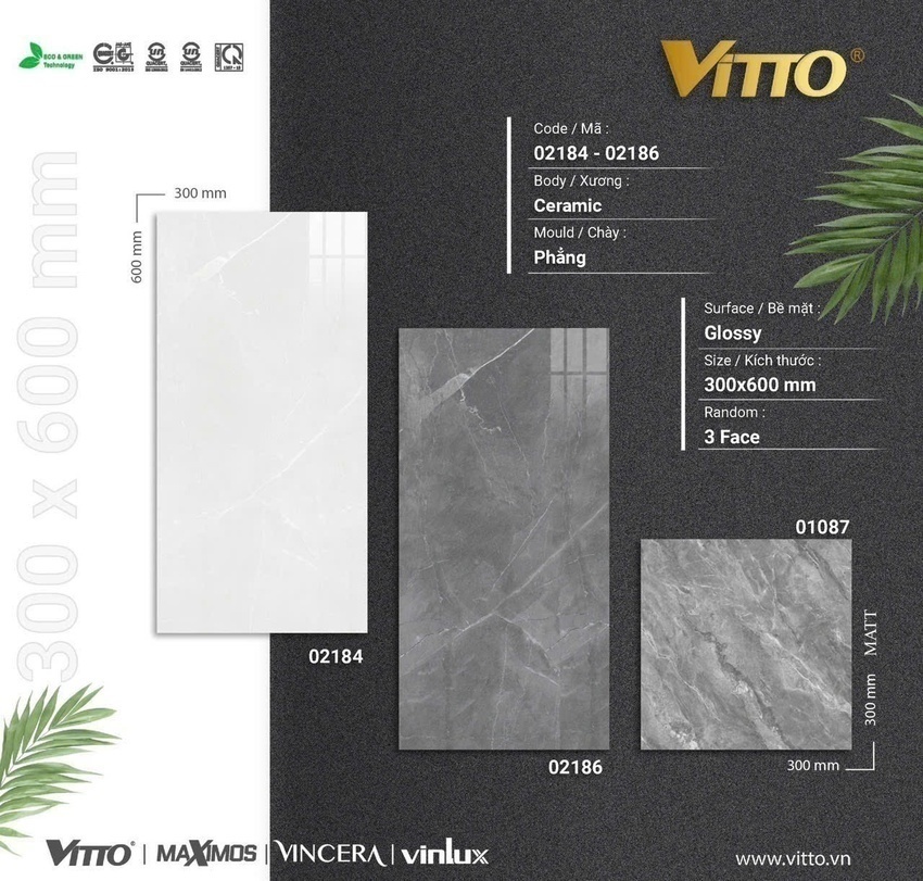 Bộ gạch ốp tường phòng tắm 30x60 vân đá Vitto 02184-02186-01087 men bóng