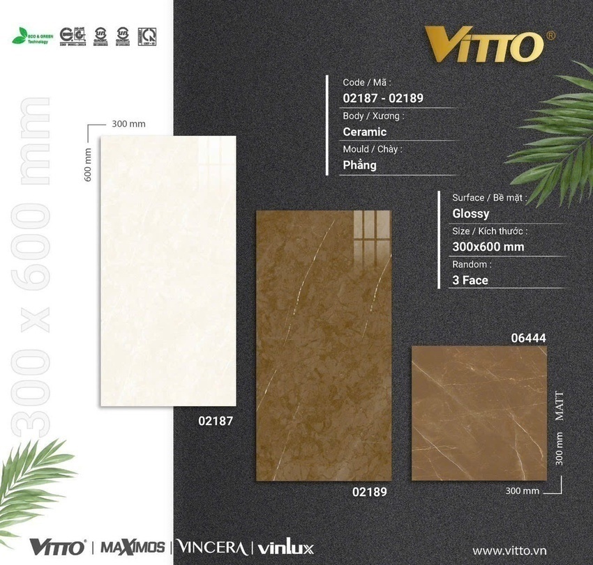 Bộ gạch ốp tường phòng tắm 30x60 vân đá Vitto 02187-02189-06444 men bóng Bộ gạch ốp tường phòng tắm 30x60 vân đá Vitto 02187 02189 06444 men bóng
