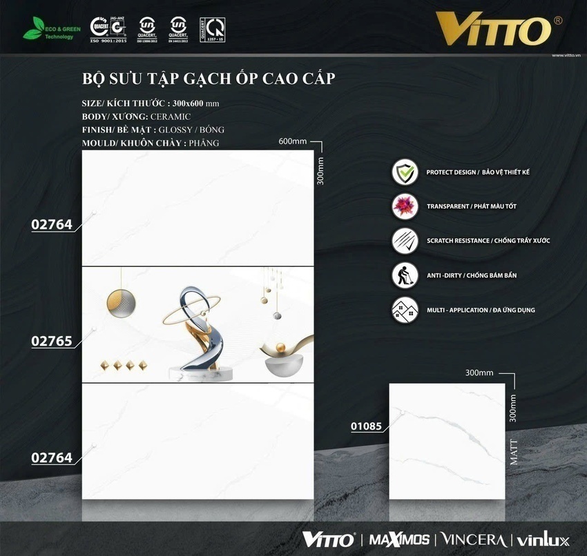 Bộ gạch ốp tường phòng tắm 30x60 vân đá Vitto 02764 02765 01085 men bóng Bộ gạch ốp tường phòng tắm 30x60 vân đá Vitto 02764 02765 01085 men bóng màu trắng