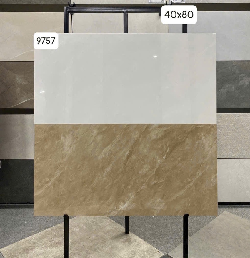 Gạch ốp tường Vitto 40x80 mã 9757 men bóng vân đá Gạch ốp tường Vitto 40x80 mã 9757 phối trắng vàng vân đá men bóng
