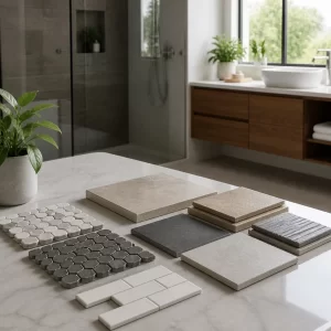 Hình ảnh mô tả các loại gạch nhà vệ sinh bền đẹp, bao gồm gạch ceramic, porcelain và gạch bông.
