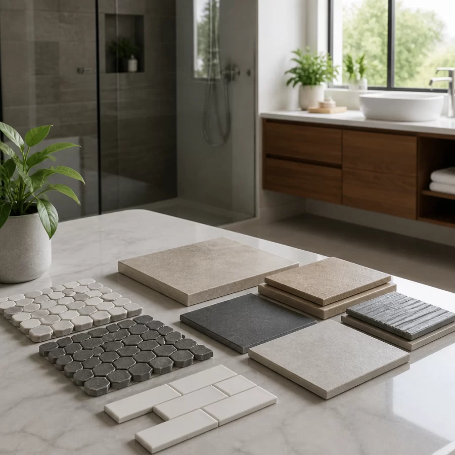 Hình ảnh mô tả các loại gạch nhà vệ sinh bền đẹp, bao gồm gạch ceramic, porcelain và gạch bông.