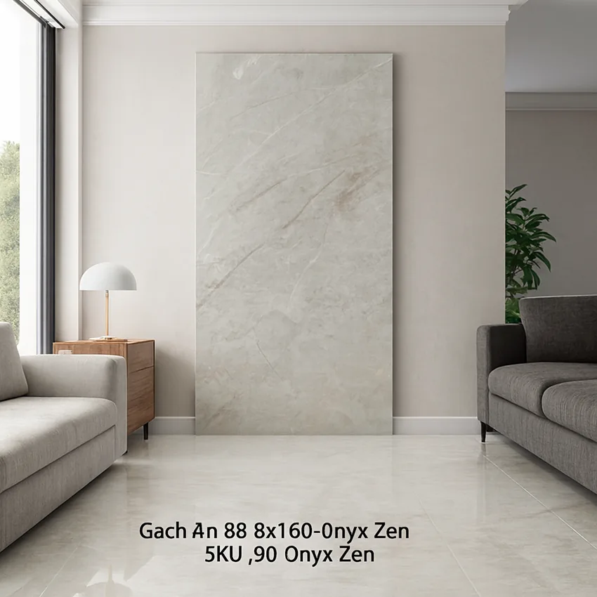 Ứng dụng gạch Onyx Zen 80x160 cho phòng khách Phối cảnh phòng khách sử dụng gạch Onyx Zen 80x160