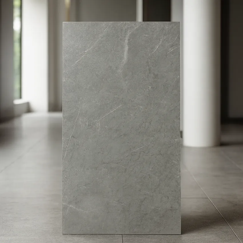 Ứng dụng gạch Ấn Độ 60x120 Santiago Gris trong thiết kế nội thất Gạch Ấn Độ 60x120 Santiago Gris ứng dụng phòng tắm, phòng khách hiện đại