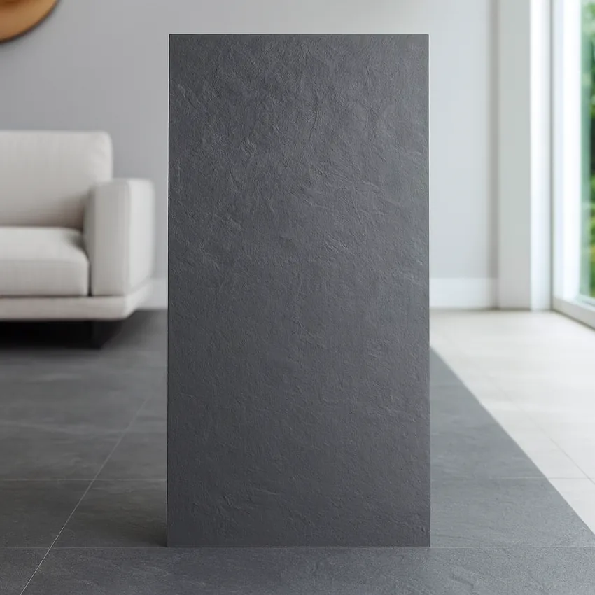Gạch Ấn Độ 60x120 Stonex Nero phối cảnh phòng khách Gạch Ấn Độ 60x120 Stonex Nero phối cảnh phòng khách, tường xám sang trọng