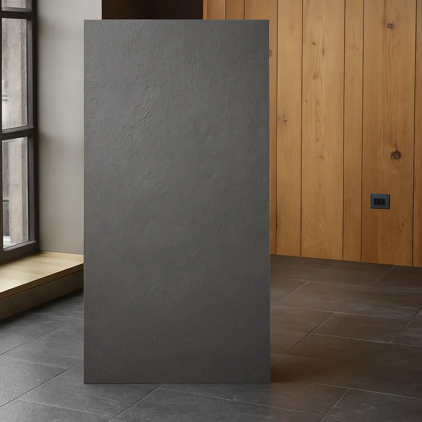 Gạch Ấn Độ 60x120 Stonex Nero phối cảnh phòng tắm Gạch Ấn Độ 60x120 Stonex Nero phối cảnh phòng tắm, lát nền xám hiện đại