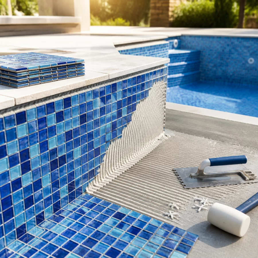 Thi công gạch mosaic hồ bơi với lớp keo dán gạch bể bơi chuyên dụng trên bề mặt chuẩn bị ốp lát.