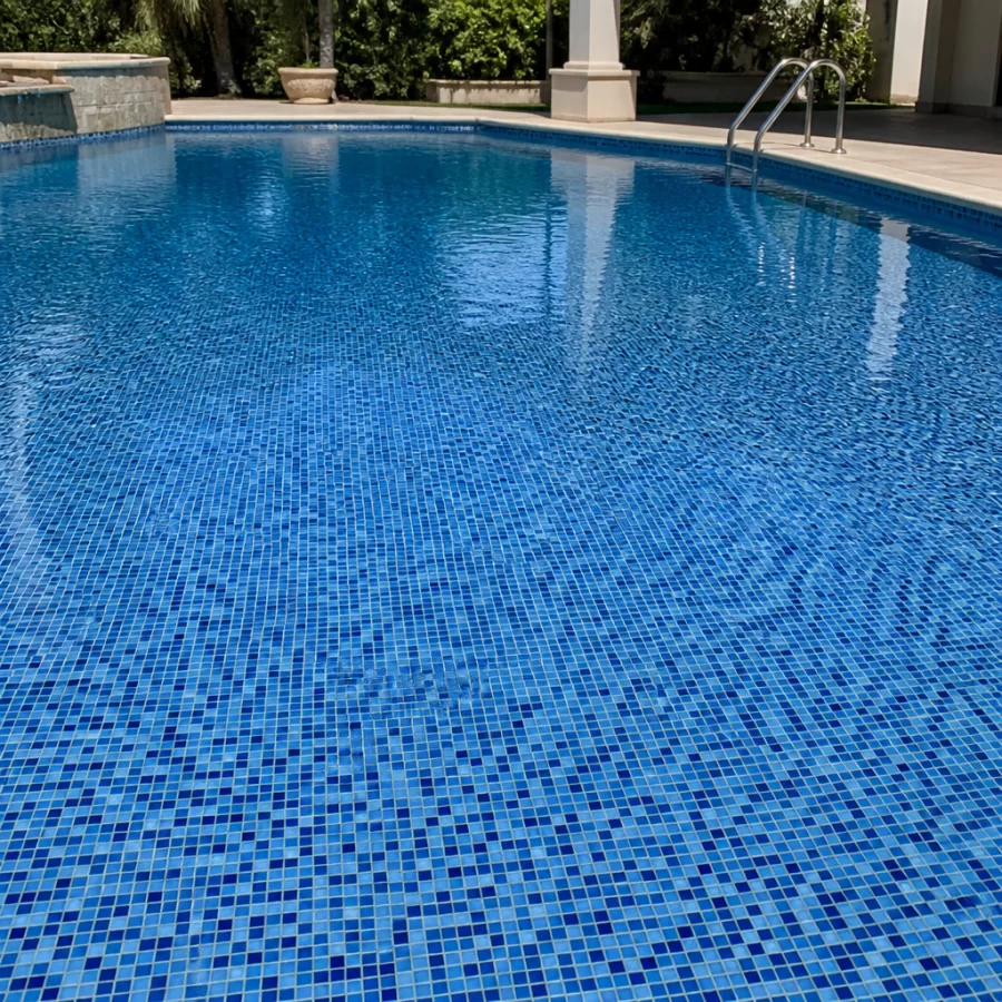 Mặt hồ bơi ốp gạch mosaic xanh tạo hiệu ứng thẩm mỹ và chiều sâu cho mặt nước