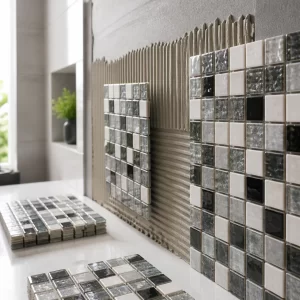 Thi công gạch mosaic bằng keo dán chuyên dụng trên bề mặt tường phẳng trong không gian hiện đại
