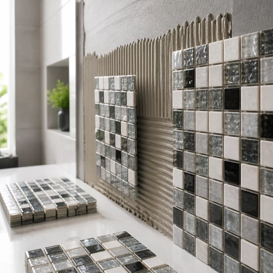 Thi công gạch mosaic bằng keo dán chuyên dụng trên bề mặt tường phẳng trong không gian hiện đại