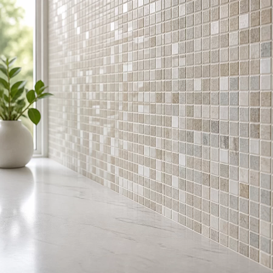 Mảng gạch mosaic viên nhỏ được thi công đều mạch trên bề mặt phẳng.