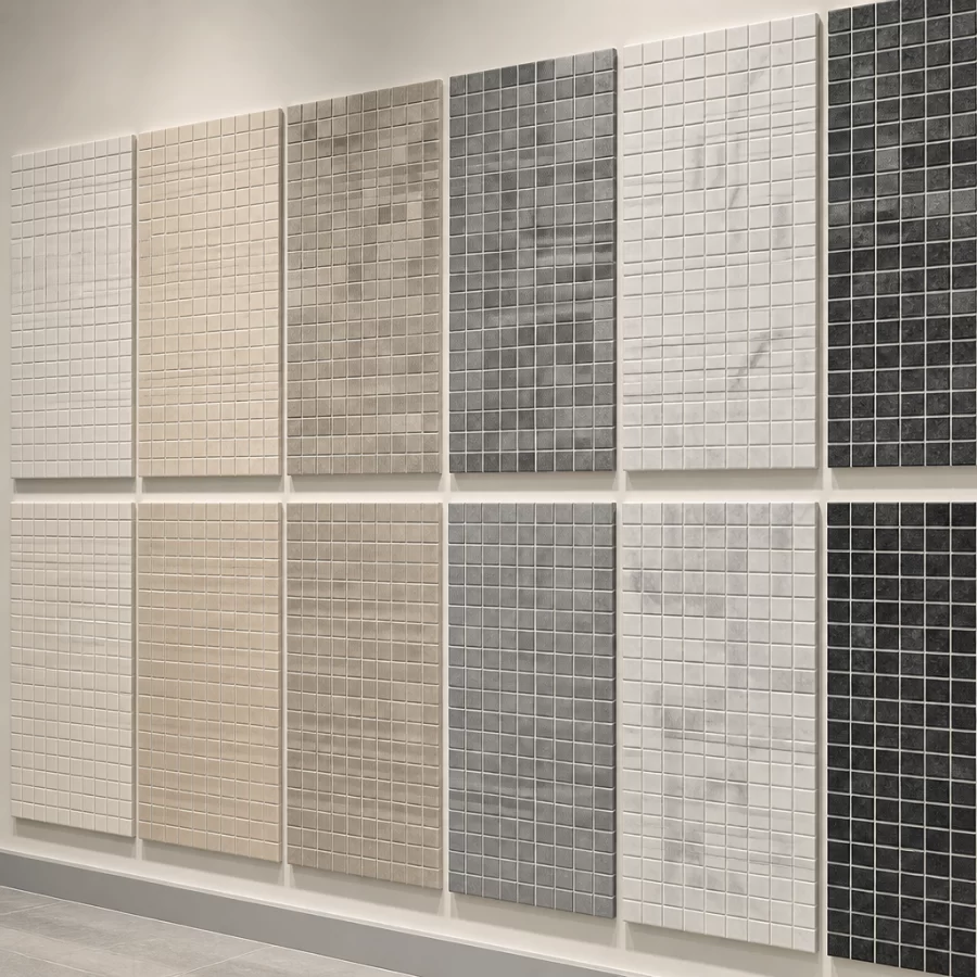 Mosaic thi công theo vỉ với các mạch ghép đều và thẳng