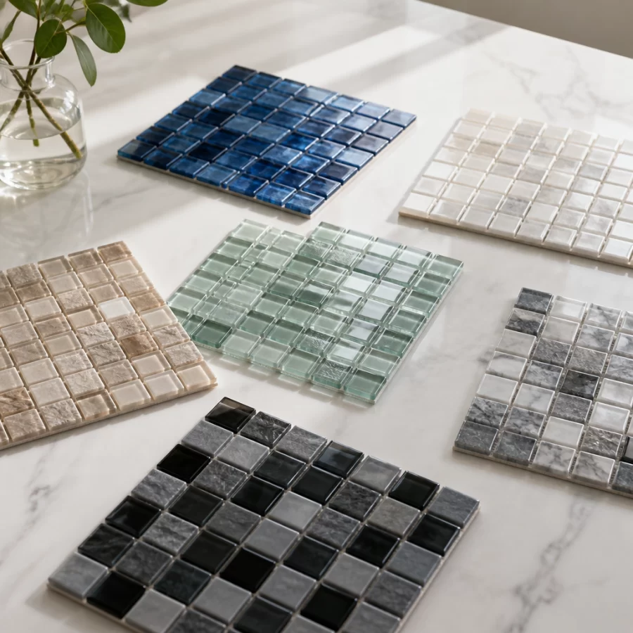 Nhiều mẫu gạch mosaic với bề mặt và chất liệu khác nhau, thể hiện sự đa dạng trong lựa chọn thiết kế.