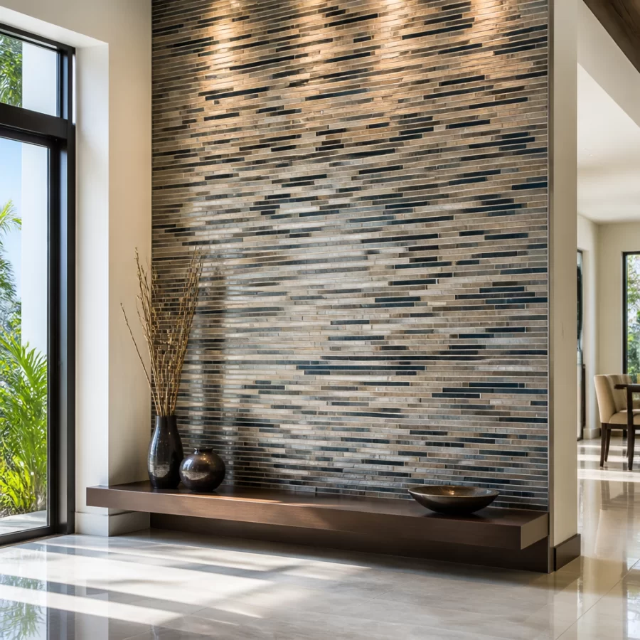 Mảng tường gạch mosaic làm điểm nhấn thẩm mỹ nổi bật trong không gian nội thất hiện đại.