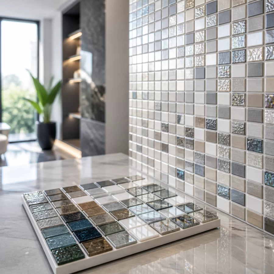 Mẫu gạch mosaic trang trí với bề mặt nhỏ ghép mảng tinh xảo trong không gian nội thất hiện đại.