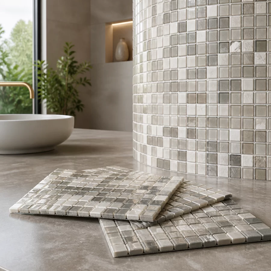 Gạch mosaic dạng viên nhỏ ghép thành mảng, ốp linh hoạt ở góc cong và chi tiết tường.