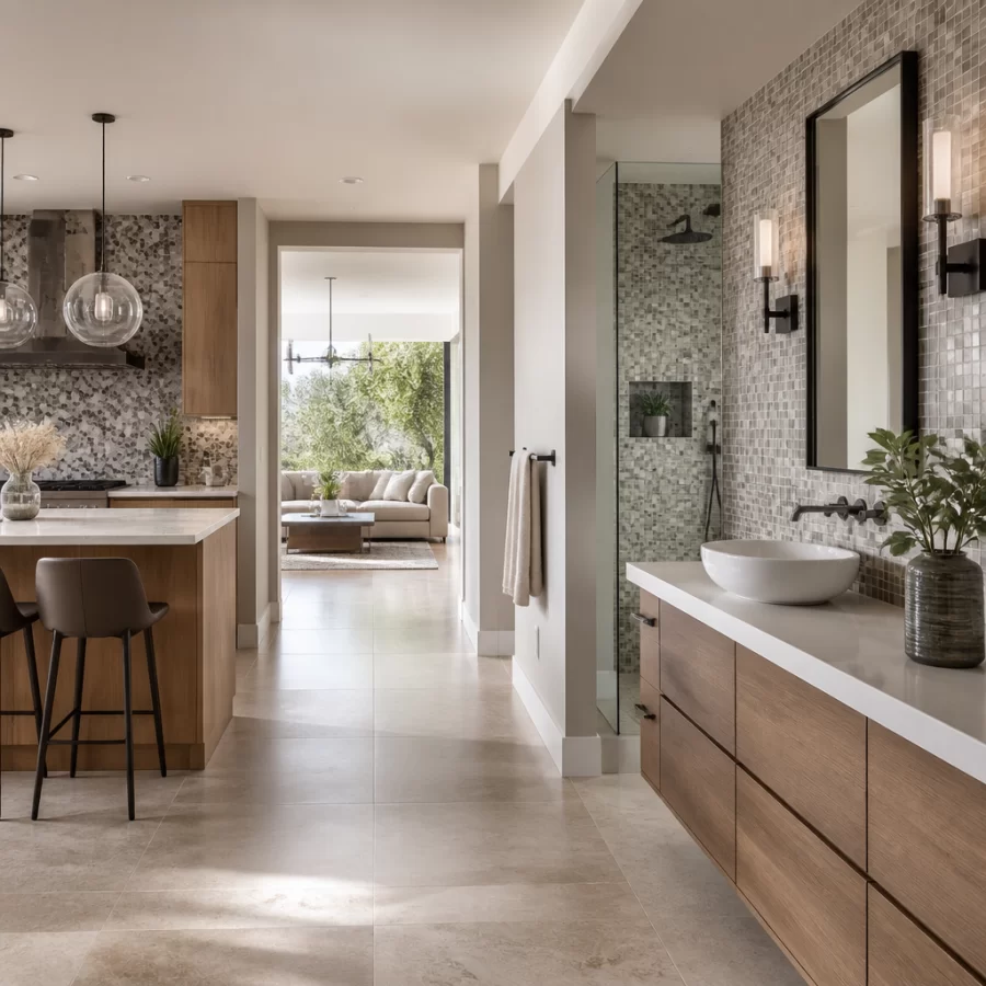 Các vị trí ứng dụng gạch mosaic trong phòng tắm, khu bếp và mảng tường trang trí.