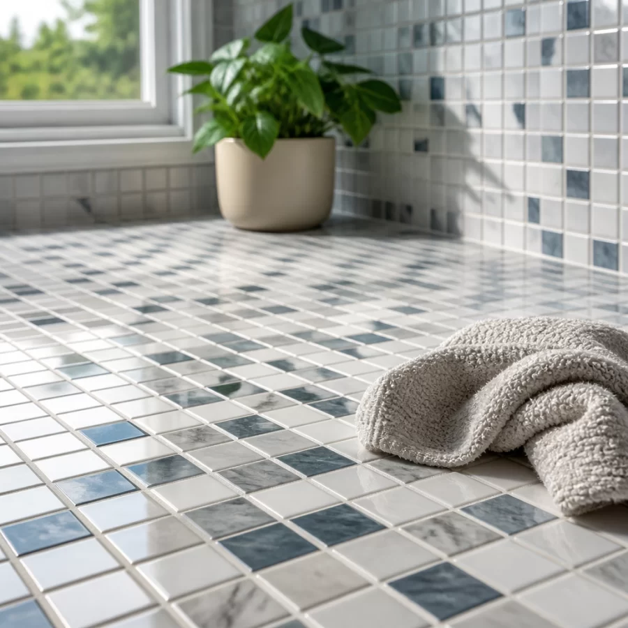 Bề mặt gạch mosaic hoàn thiện với đường ron đều và được lau sạch sau khi chít mạch.