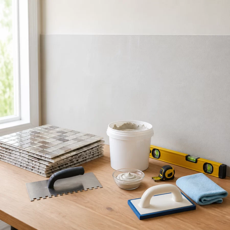 Bề mặt tường đã được làm sạch cùng dụng cụ và vật liệu chuẩn bị sẵn để thi công gạch mosaic tại nhà.