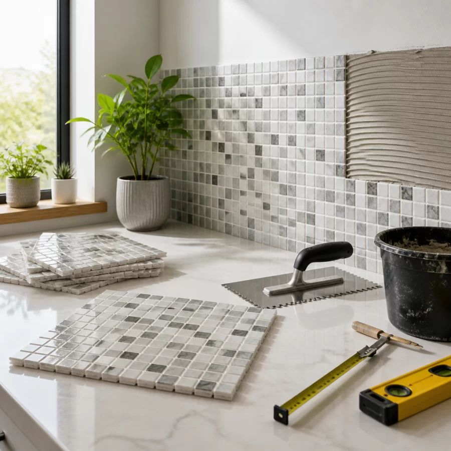 Hình minh họa thi công gạch mosaic tại nhà với vật liệu và dụng cụ chuẩn bị sẵn trên bề mặt sạch.