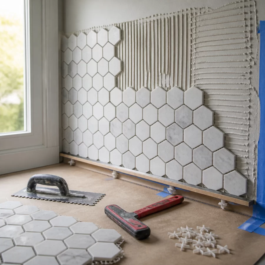 Quy trình thi công gạch mosaic tại nhà với keo dán, tấm mosaic và dụng cụ căn chỉnh trên mảng tường nhỏ