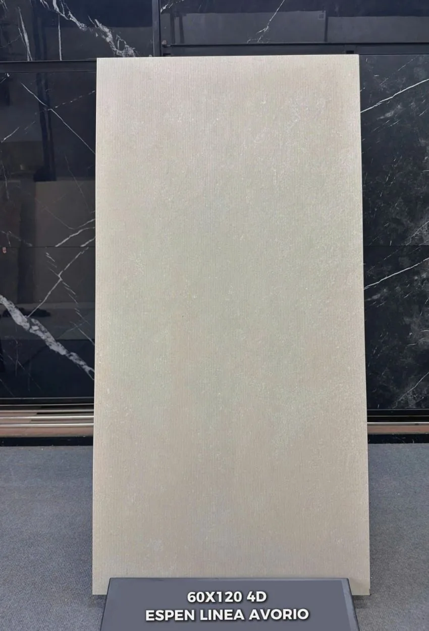 Gạch Ấn Độ 60x120 Espen Linea Avorio mặt chính Gạch Ấn Độ 60x120 Espen Linea Avorio bề mặt chi tiết Porcelain Matt họa tiết sọc dọc 4D