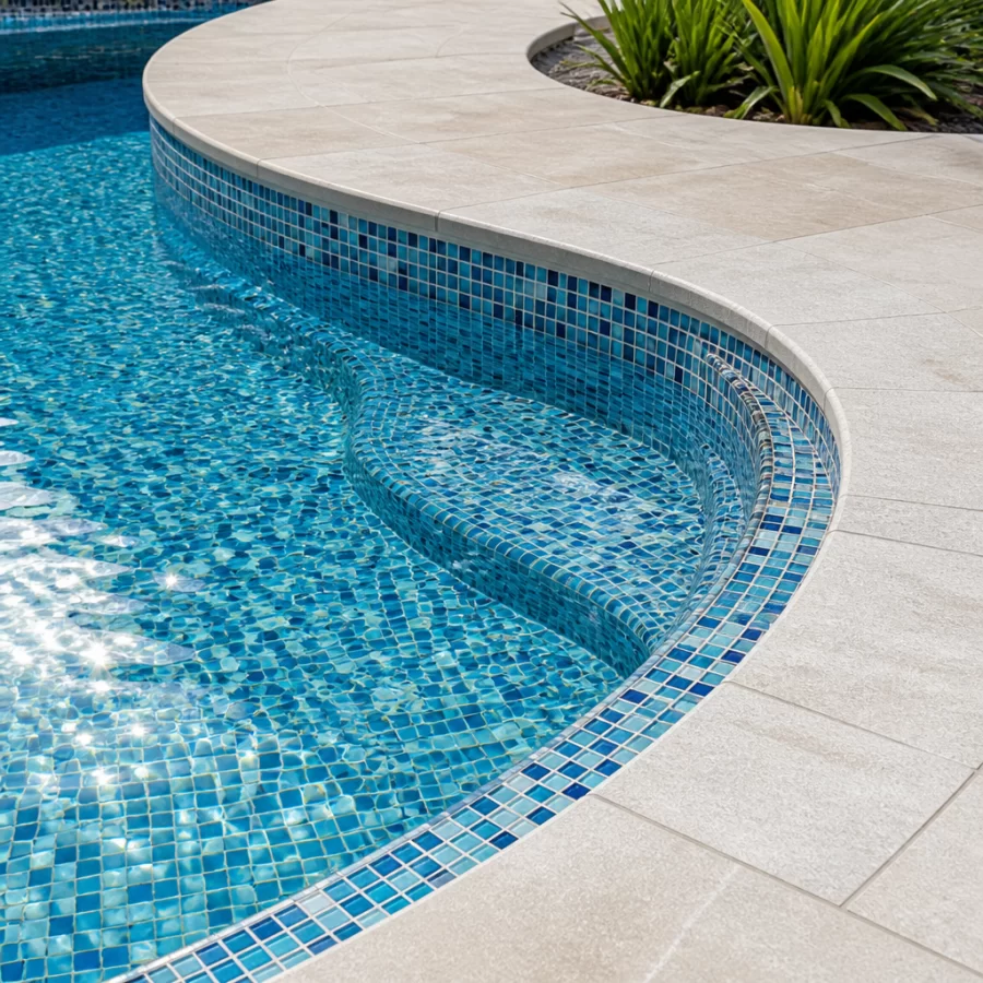 Gạch mosaic ốp theo góc bo và đường cong của hồ bơi rất gọn và đẹp.