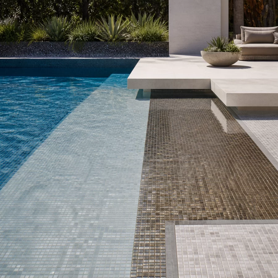 Không gian hồ bơi hiện đại với các lựa chọn màu mosaic xanh, sáng và ánh kim.