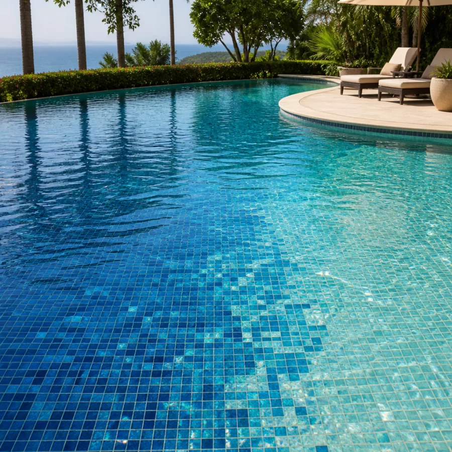 Hồ bơi ốp gạch mosaic phối màu và chuyển sắc đẹp mắt.