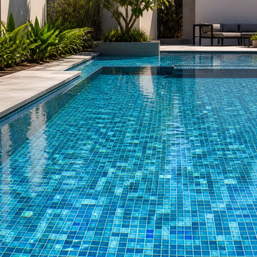 Mặt nước hồ bơi ốp gạch mosaic xanh tạo hiệu ứng thẩm mỹ và phản chiếu ánh sáng đẹp mắt.