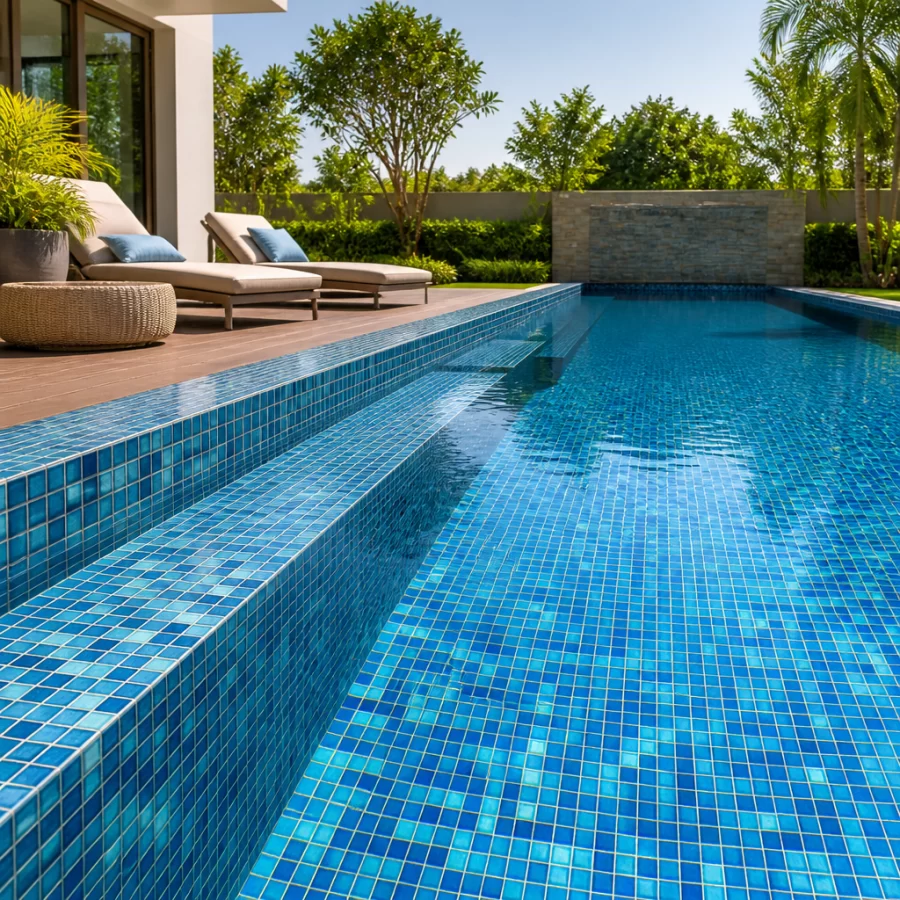 Hồ bơi ốp gạch mosaic xanh với mặt nước trong và không gian ngoài trời hiện đại