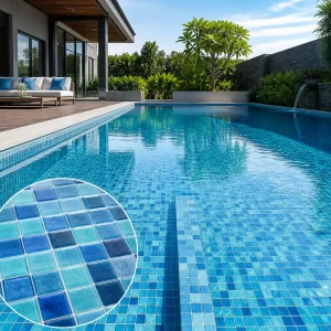 Hồ bơi ốp gạch mosaic xanh dương với bề mặt nước phản chiếu đẹp và sạch