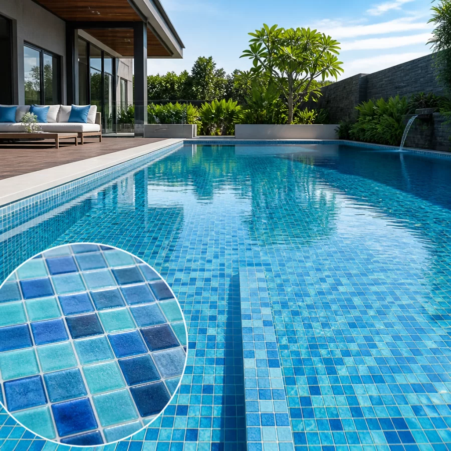 Hồ bơi ốp gạch mosaic xanh dương với bề mặt nước phản chiếu đẹp và sạch