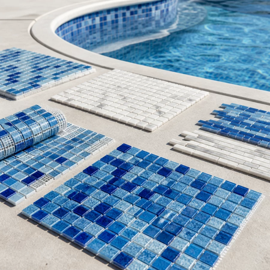 Các vỉ gạch mosaic đặt cạnh mép hồ bơi cong, thể hiện khả năng ốp bề mặt phức tạp.
