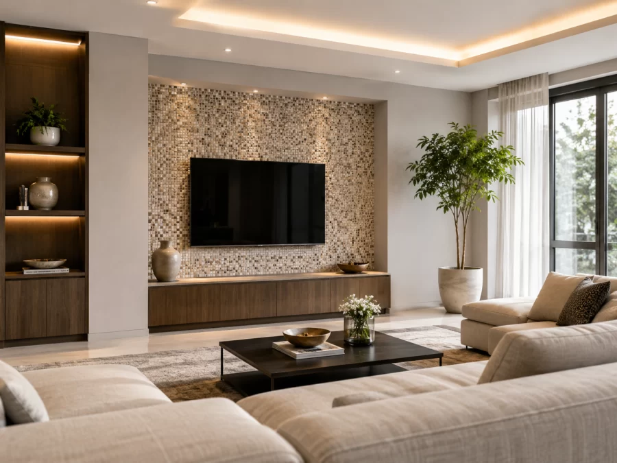 Phòng khách hiện đại dùng gạch Mosaic làm điểm nhấn