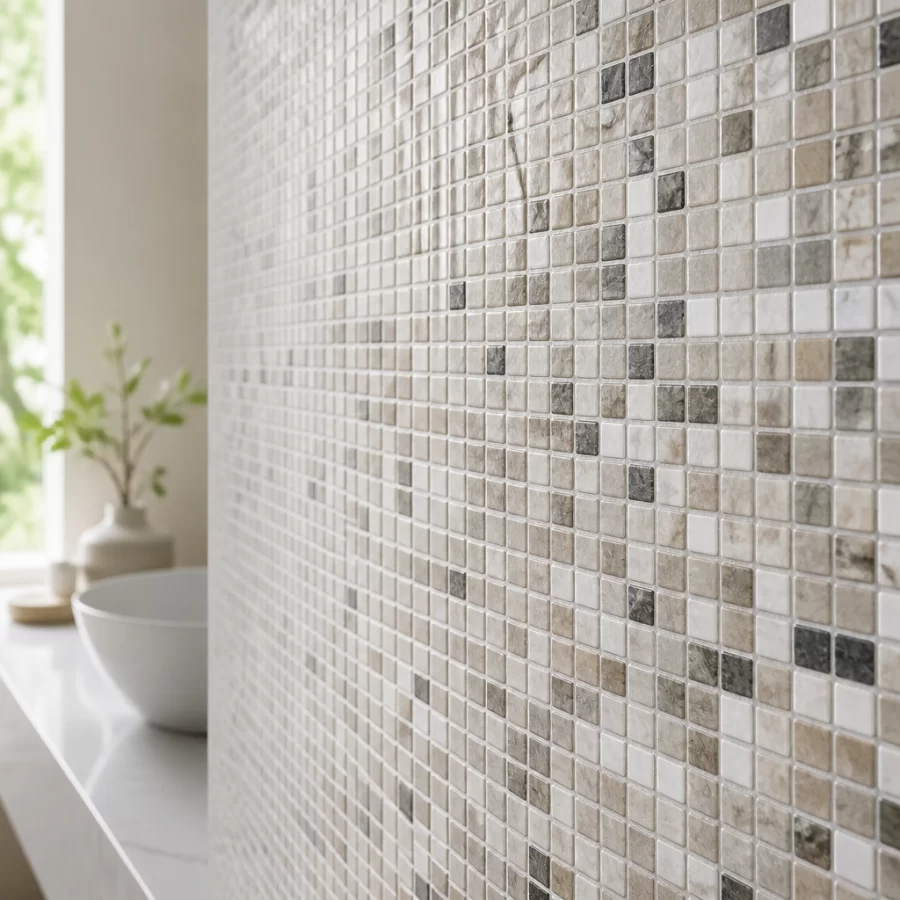 Cận cảnh mảng gạch mosaic trang trí dạng viên nhỏ ghép thành vỉ trên tường nội thất