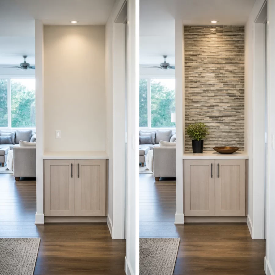 Không gian nội thất nhỏ được nâng cấp nổi bật nhờ mảng gạch mosaic trang trí