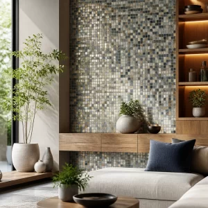 Mảng tường ốp gạch mosaic trang trí trong không gian nội thất hiện đại.