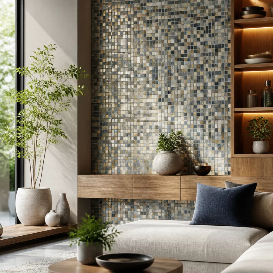 Mảng tường ốp gạch mosaic trang trí trong không gian nội thất hiện đại.