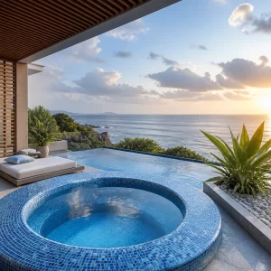 Gạch mosaic tông xanh biển và trắng trong không gian ven biển thoáng sáng