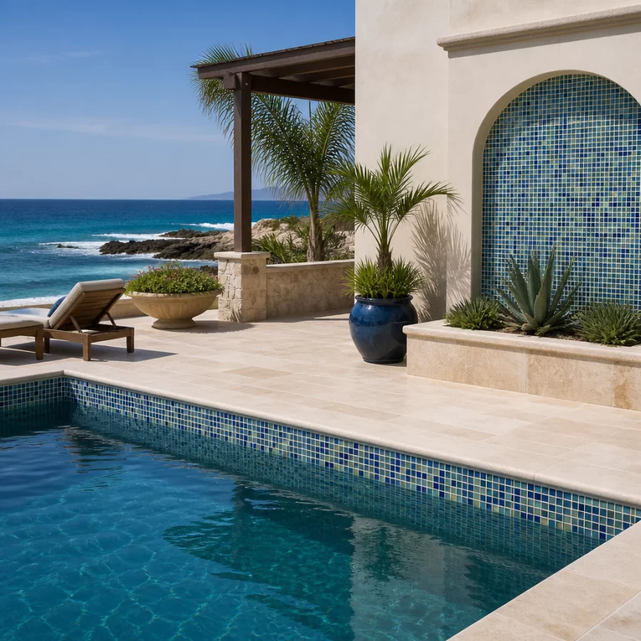Khu vực hồ bơi ven biển ốp gạch mosaic làm điểm nhấn cho không gian nghỉ dưỡng.