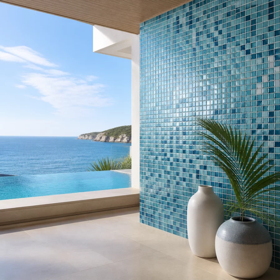 Mảng tường ốp gạch mosaic xanh dương, xanh ngọc và trắng trong không gian ven biển.