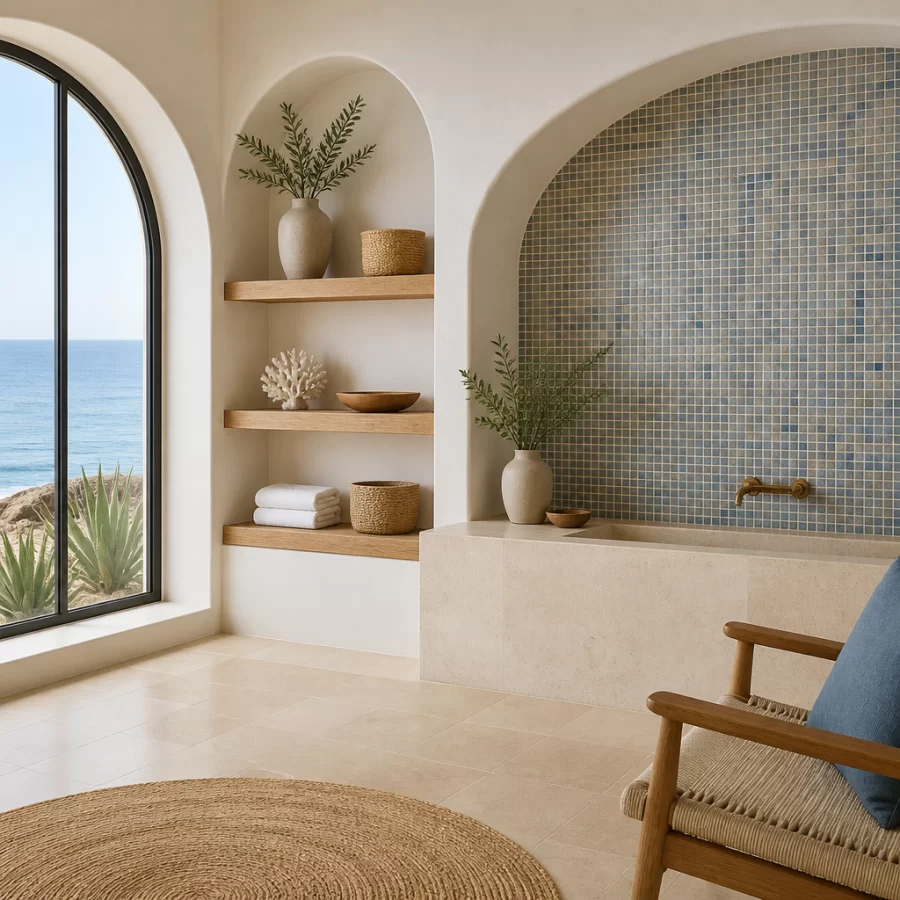 Góc không gian ven biển phối gạch mosaic với vật liệu trung tính một cách hài hòa.