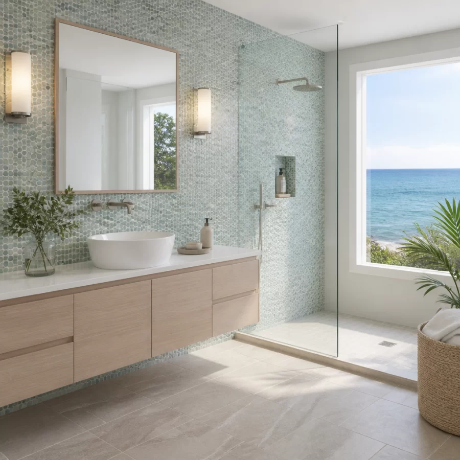 Phòng tắm phong cách biển ốp gạch mosaic ở mảng tường và khu vực tắm.