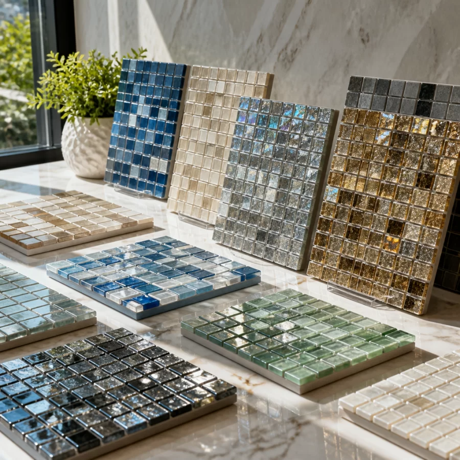 Các loại gạch mosaic bao gồm thủy tinh, gốm và kim sa.