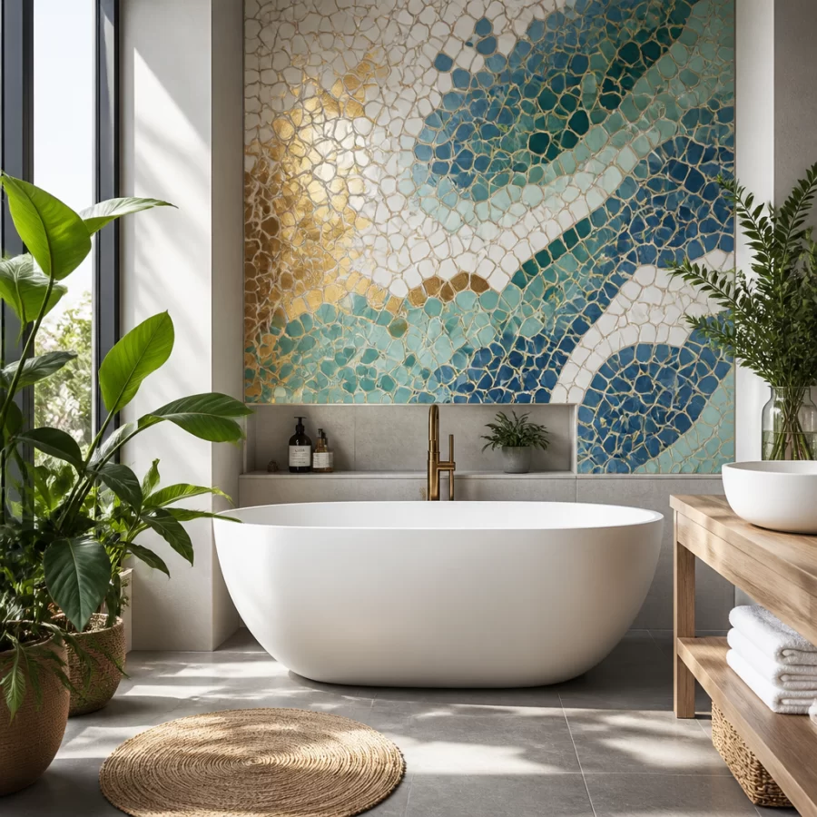 Hình ảnh minh họa cho gạch mosaic trong trang trí nội thất tạo không gian nghệ thuật.