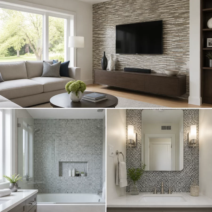 Ứng dụng gạch mosaic trong phòng khách và phòng tắm.