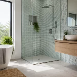 Phòng tắm hiện đại ốp gạch mosaic với bố cục sáng, sạch và an toàn khi sử dụng